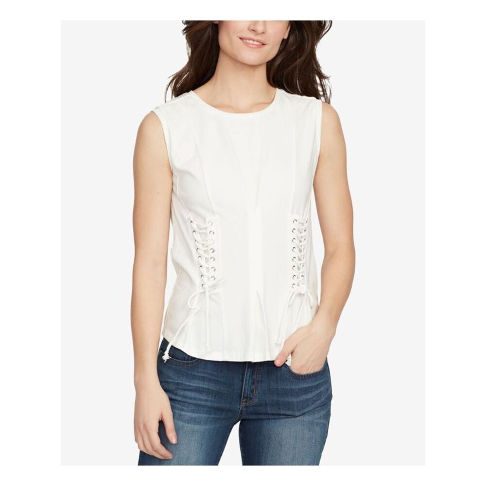 WILLIAM RAST Womens White Corset Detail Sleeveless Jewel Neck Top L